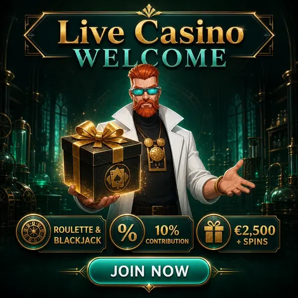 Alquimista Jefe revelando el regalo de bienvenida del casino en vivo en Boomzino con cintas doradas