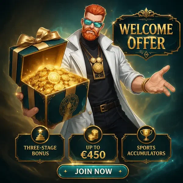 Jefe Alquimista presentando regalo de bono de bienvenida en Boomzino Sportsbook con monedas brillantes