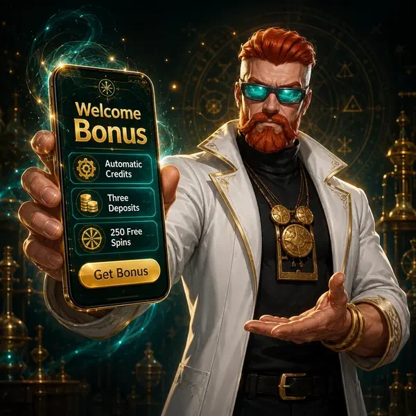 Alquimista jefe presentando la interfaz de la app móvil Boomzino con chispas promocionales doradas