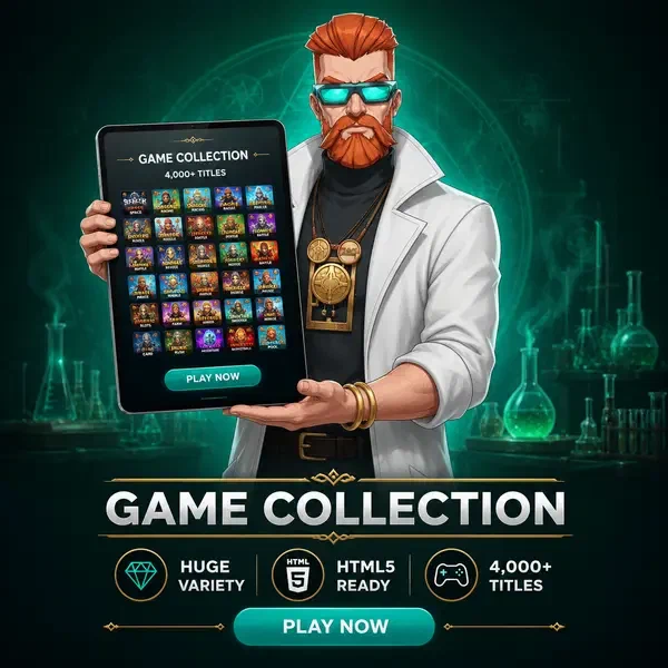 Alquimista Jefe presentando tablet con más de 4.000 juegos en el laboratorio de la app de Casino Boomzino