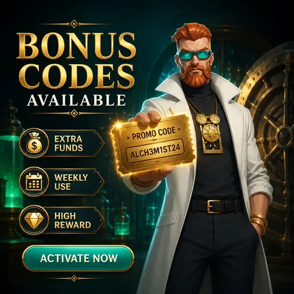 Alquimista Jefe presentando códigos de bono en el laboratorio del Casino Boomzino