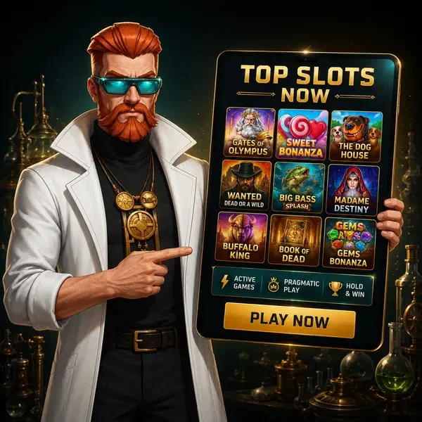 Alquimista Jefe examinando las mejores tragaperras en tablet en laboratorio de juegos de Boomzino Casino