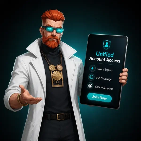Chief Alchemist holding tablet to register at Boomzino Casino unified portal