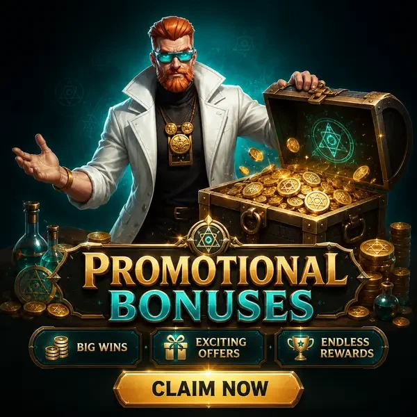 Cofre de bonos de Boomzino desbordando con monedas doradas y recompensas promocionales brillantes